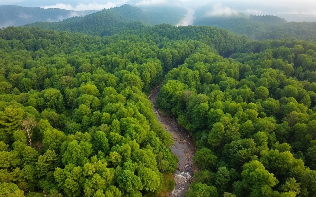 Aerial view of forested hunting land with creek in Smith County, Tennessee