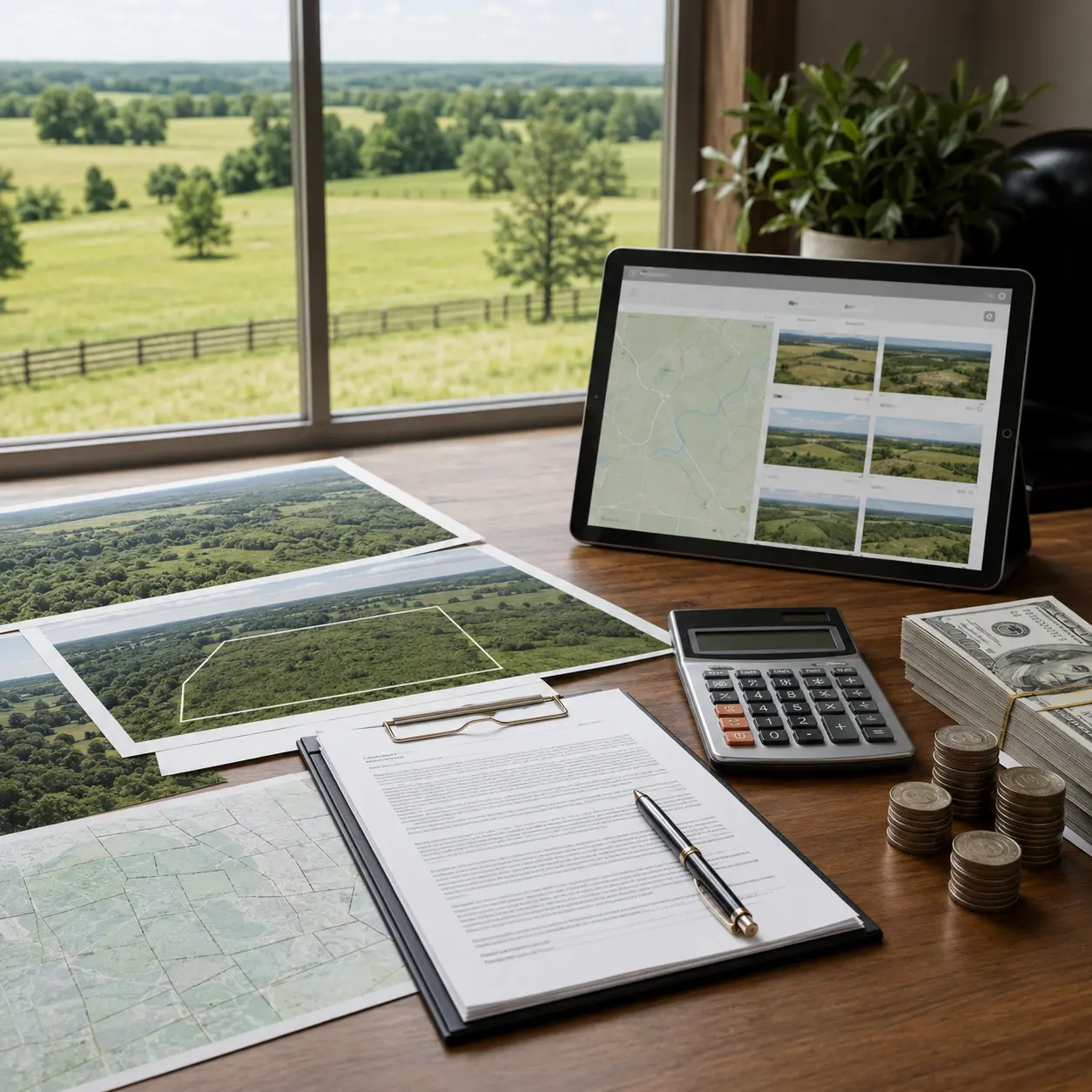 Real estate desk with land maps, listing photos, contract papers, calculator, and cash beside a tablet, representing how owner financing helps land sell faster.
