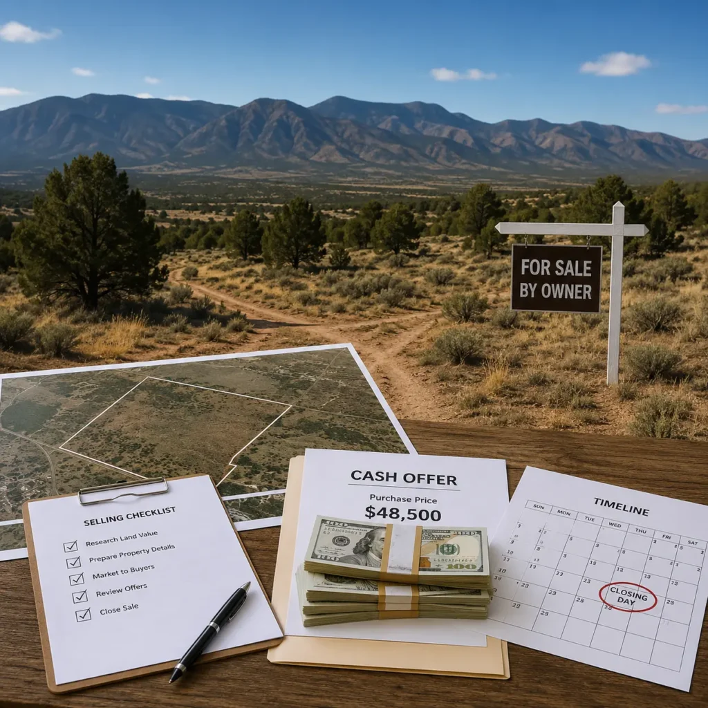 Vacant land parcel with sale documents, a property map and cash offer paperwork representing the process of selling raw land for cash.