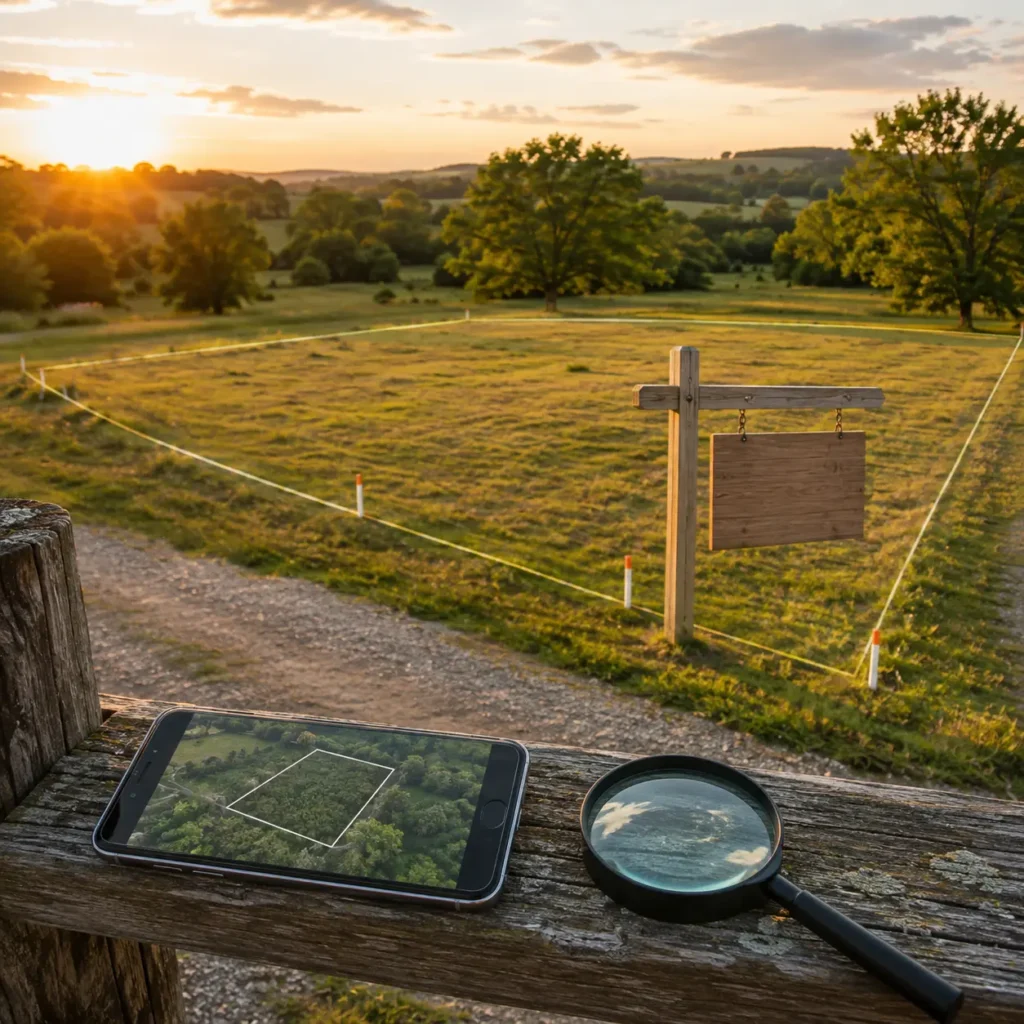 Vacant land parcel at sunset with boundary markers, a blank sale sign, a smartphone parcel view and a magnifying glass representing how to find the best FSBO land deals.