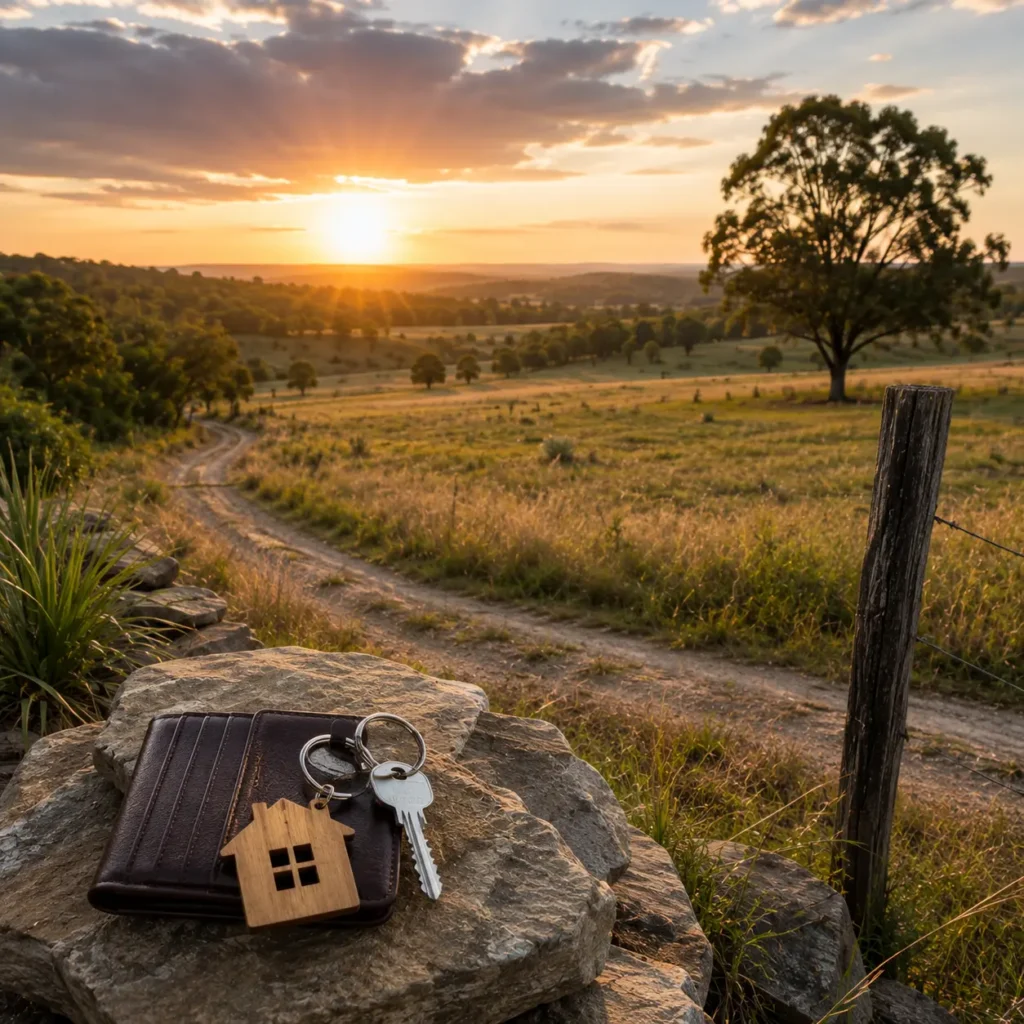 Rural land at sunset with a wallet, property keys and open countryside, representing owner financing as an alternative way to buy land with bad credit.