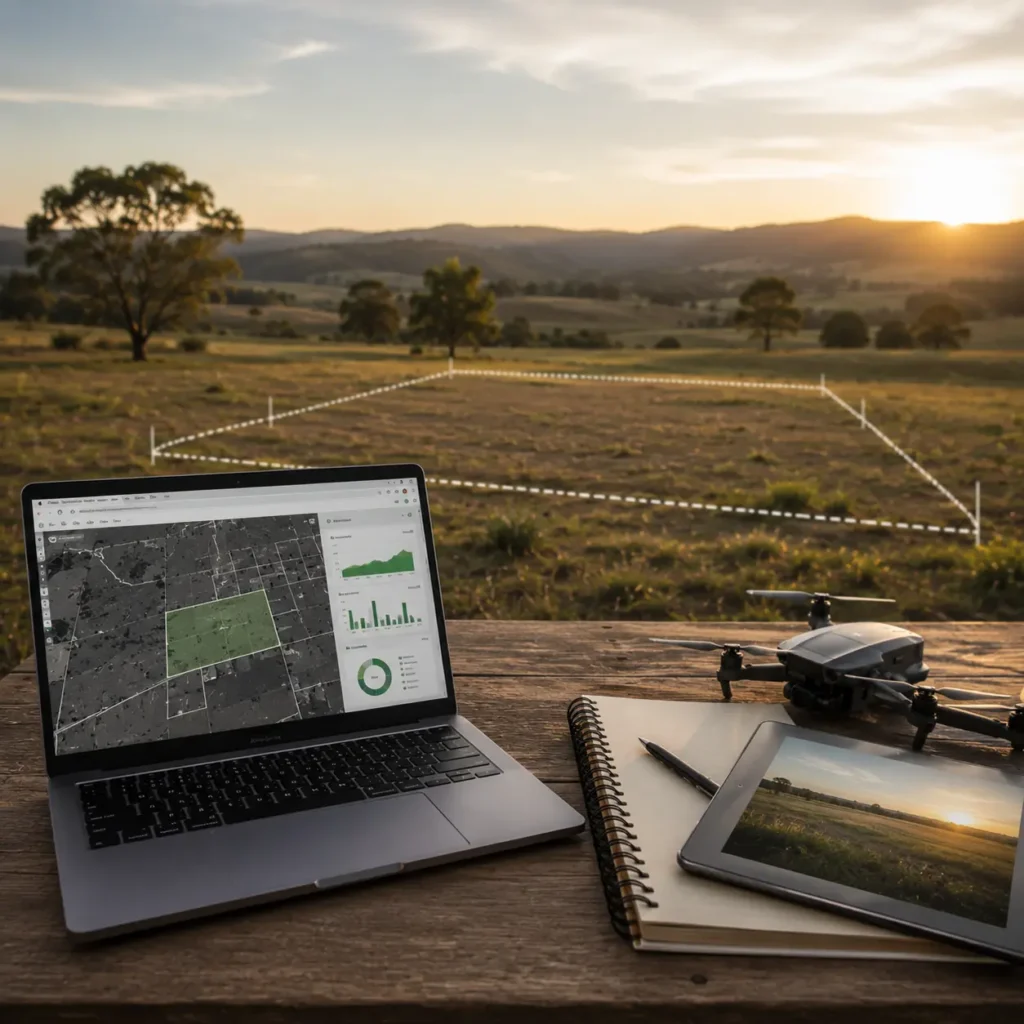 Vacant land parcel with digital mapping tools, aerial imagery and data analysis technology representing how AI is changing land buying and selling