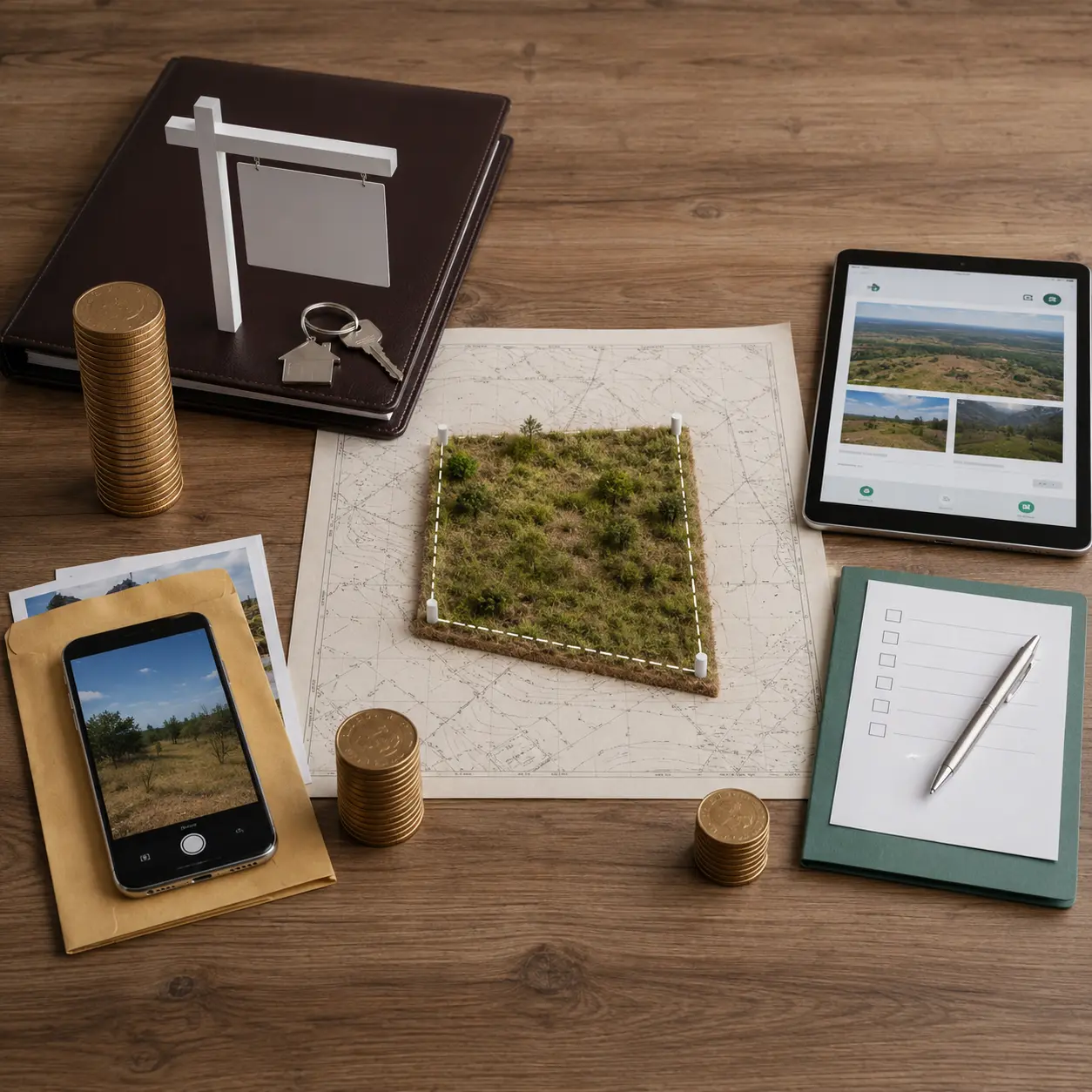 Land selling cost comparison with a vacant land parcel model, coin stacks, property sign, phone, tablet and paperwork representing agent, FSBO and platform selling options.