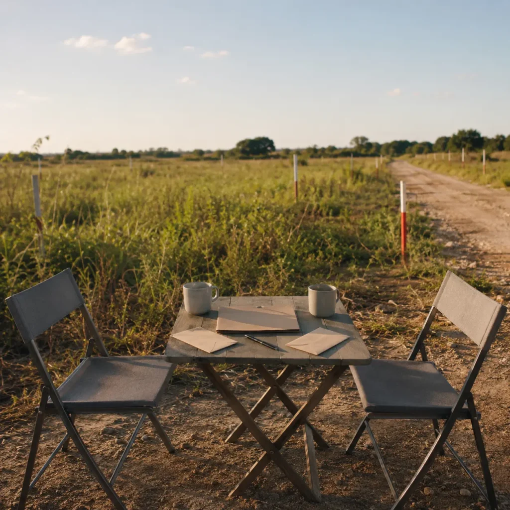Outdoor negotiation setup on vacant land with two chairs, documents and coffee cups, representing seller and buyer discussions over land price and deal terms.