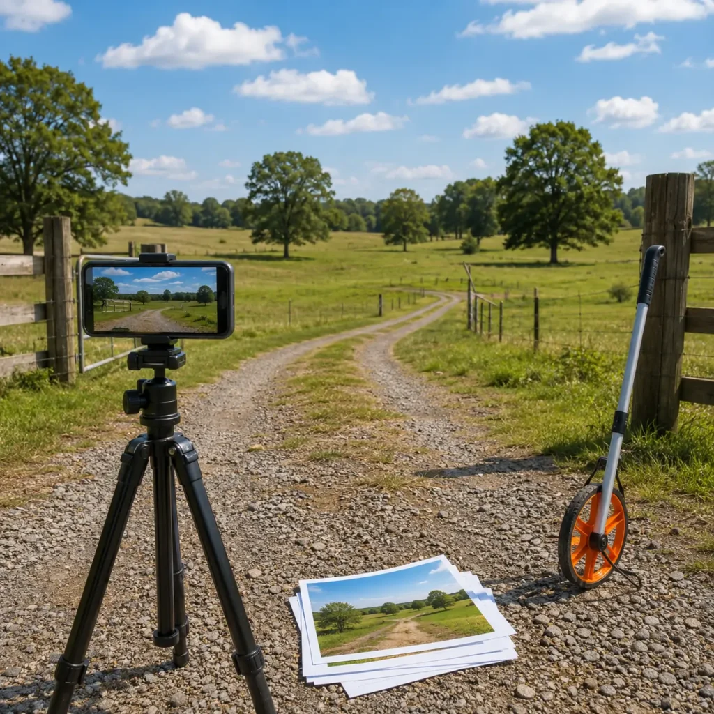 Small rural acreage being photographed and measured for a direct land sale without an agent, showing a smartphone camera setup, property access road and measuring wheel.