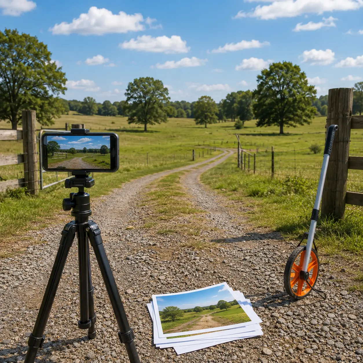 Small rural acreage being photographed and measured for a direct land sale without an agent, showing a smartphone camera setup, property access road and measuring wheel.