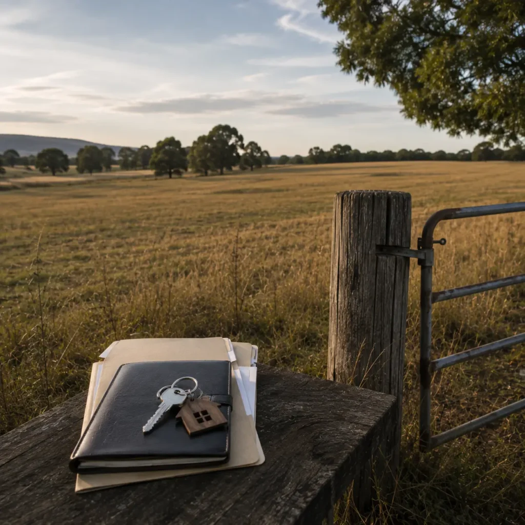 Vacant rural land with closing documents and property keys, representing the costs deducted from a land sale and the seller’s final net proceeds.