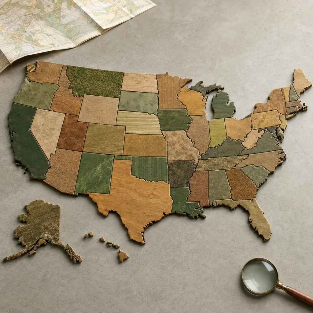 United States map divided by state with varied land textures and tones, representing differences in average land value and price per acre across all 50 states.