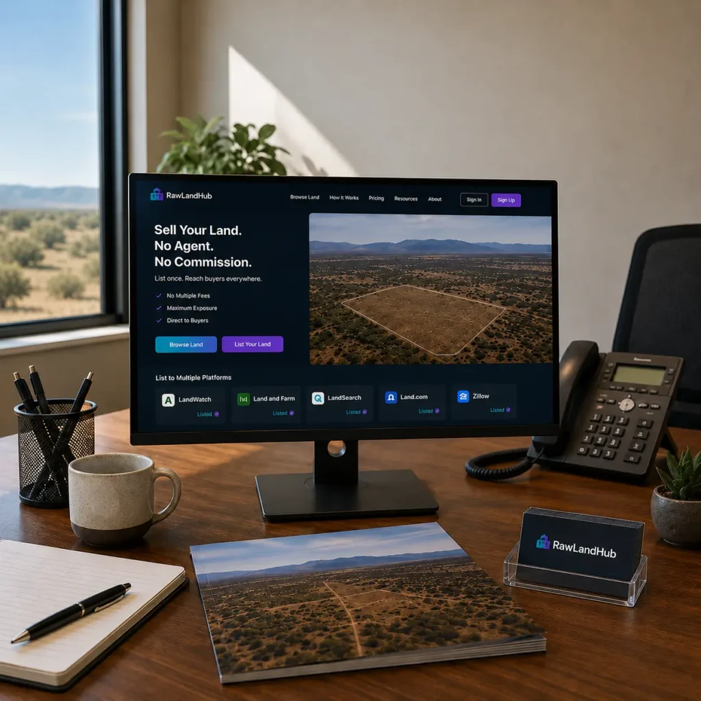 Realistic property office workspace showing a land listing displayed across multiple online platforms without paying multiple listing fees.