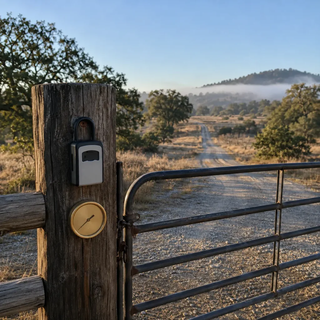 Rural land entrance with a secured gate and access road, representing owner-financed land deals and the interest terms sellers set for buyers.