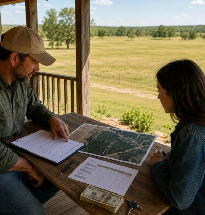 Land seller explaining an owner-financing agreement to a buyer using property maps, payment documents, and cash at a rural table.