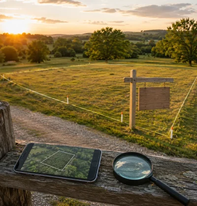 Vacant land parcel at sunset with boundary markers, a blank sale sign, a smartphone parcel view and a magnifying glass representing how to find the best FSBO land deals.