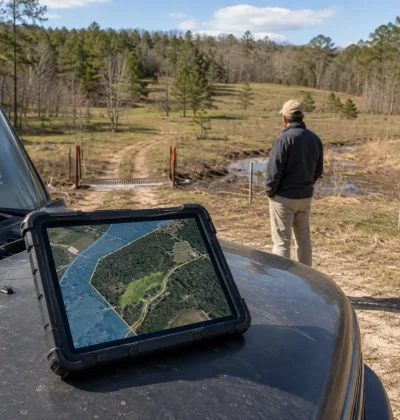 Landowner using a rugged tablet to scan a rural parcel for flood risk, wetlands, zoning, and road access before listing the property.