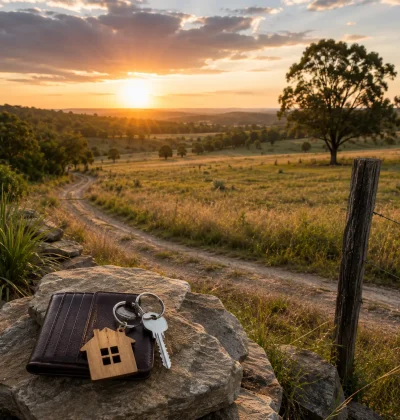 Rural land at sunset with a wallet, property keys and open countryside, representing owner financing as an alternative way to buy land with bad credit.