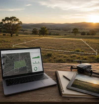 Vacant land parcel with digital mapping tools, aerial imagery and data analysis technology representing how AI is changing land buying and selling