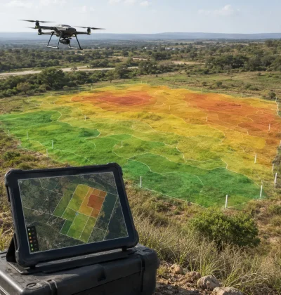 Drone surveying a vacant land parcel with a digital pricing heatmap and tablet display, representing AI land valuation and machine learning–based land pricing.