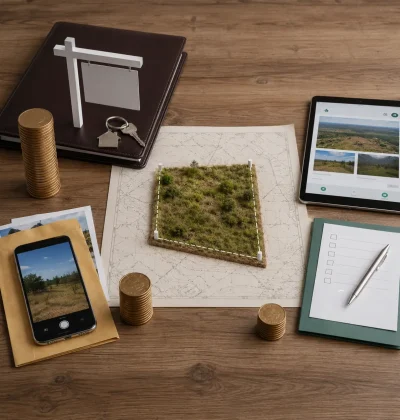 Land selling cost comparison with a vacant land parcel model, coin stacks, property sign, phone, tablet and paperwork representing agent, FSBO and platform selling options.