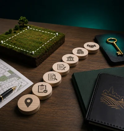 Vacant land closing process shown with a marked parcel, staged approval icons, documents, payment symbols and a final property key.