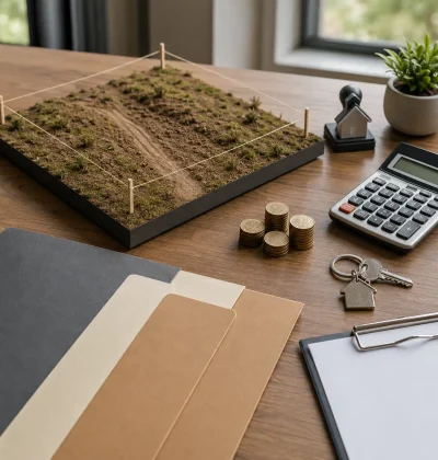 Raw land financing concept with a model land parcel, calculator, coins, keys and paperwork, representing different loan options for buying vacant land.