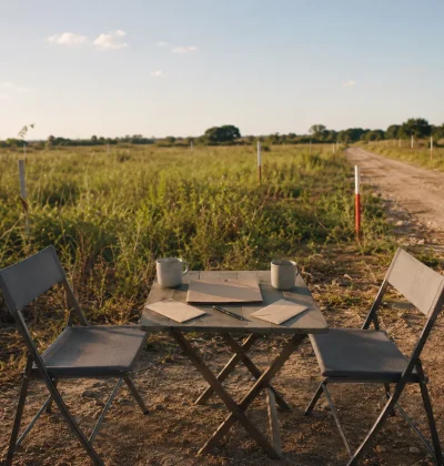 Outdoor negotiation setup on vacant land with two chairs, documents and coffee cups, representing seller and buyer discussions over land price and deal terms.