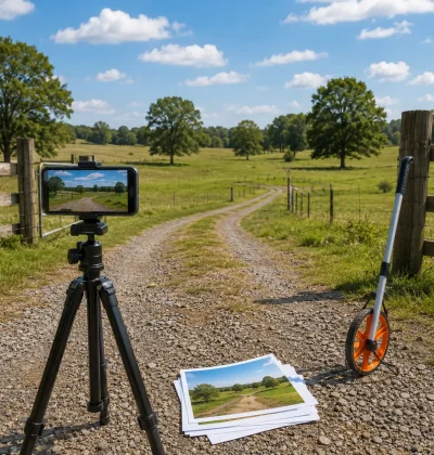 Small rural acreage being photographed and measured for a direct land sale without an agent, showing a smartphone camera setup, property access road and measuring wheel.