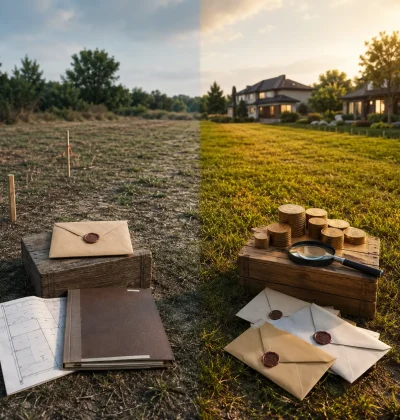 Split view of vacant land showing assessed property records on one side and market demand with neighboring homes and buyer interest on the other.