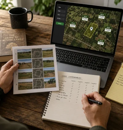 Land seller reviewing comparable parcel listings, maps, and pricing notes on a laptop to perform a land sales analysis without a realtor.