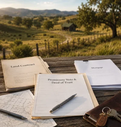 Land contract, mortgage, and promissory note with deed of trust documents on a rustic table with a rural land backdrop, illustrating different financing options for vacant land.