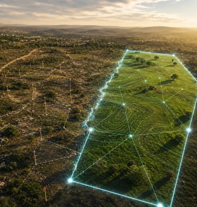 Aerial view of vacant land transitioning from fragmented property data to a clean AI-mapped parcel with digital boundaries and terrain analysis.