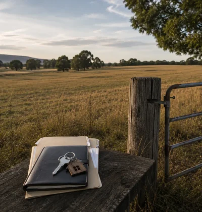 Vacant rural land with closing documents and property keys, representing the costs deducted from a land sale and the seller’s final net proceeds.