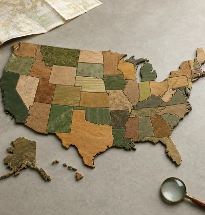 United States map divided by state with varied land textures and tones, representing differences in average land value and price per acre across all 50 states.