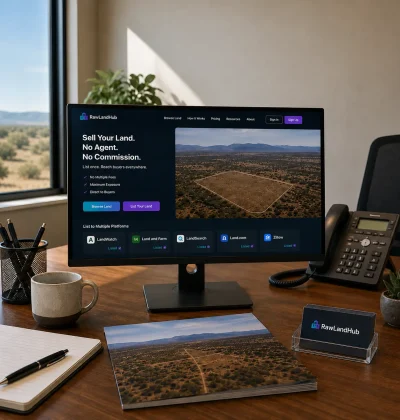 Realistic property office workspace showing a land listing displayed across multiple online platforms without paying multiple listing fees.
