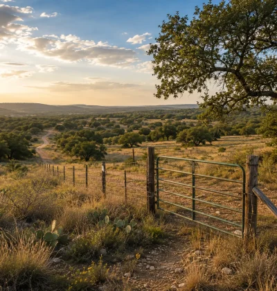 Rural vacant land entrance with a gate, dirt road, and open Texas-style countryside, representing direct land purchase negotiations and making an offer on vacant land.