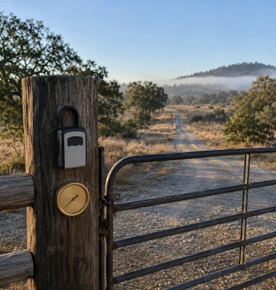 Rural land entrance with a secured gate and access road, representing owner-financed land deals and the interest terms sellers set for buyers.