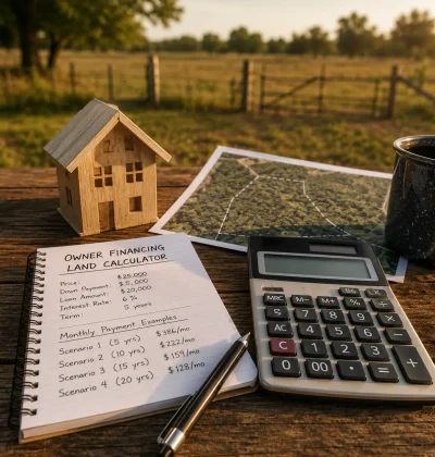 Calculator, parcel map, financing notes, and a small property model illustrating monthly payment scenarios for owner-financed land.