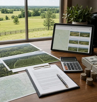 Real estate desk with land maps, listing photos, contract papers, calculator, and cash beside a tablet, representing how owner financing helps land sell faster.