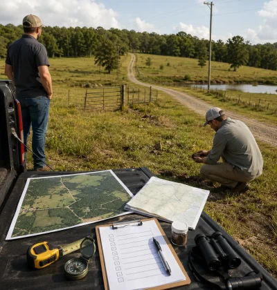 Two buyers inspecting rural land with maps, a checklist, measuring tools, binoculars, road access, utility lines, fencing, and a nearby pond.