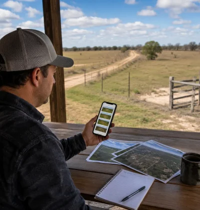 Vacant landowner reviewing multiple online property listings on a smartphone while preparing to sell rural land without a realtor.