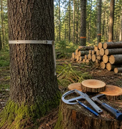 Measured tree trunk in a timber forest with cut log samples and forestry tools, representing how to assess the value of trees on vacant land.