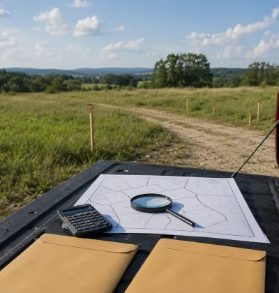 Vacant land parcel with a property map, calculator, magnifying glass and offer envelopes used to compare land-buying company offers.